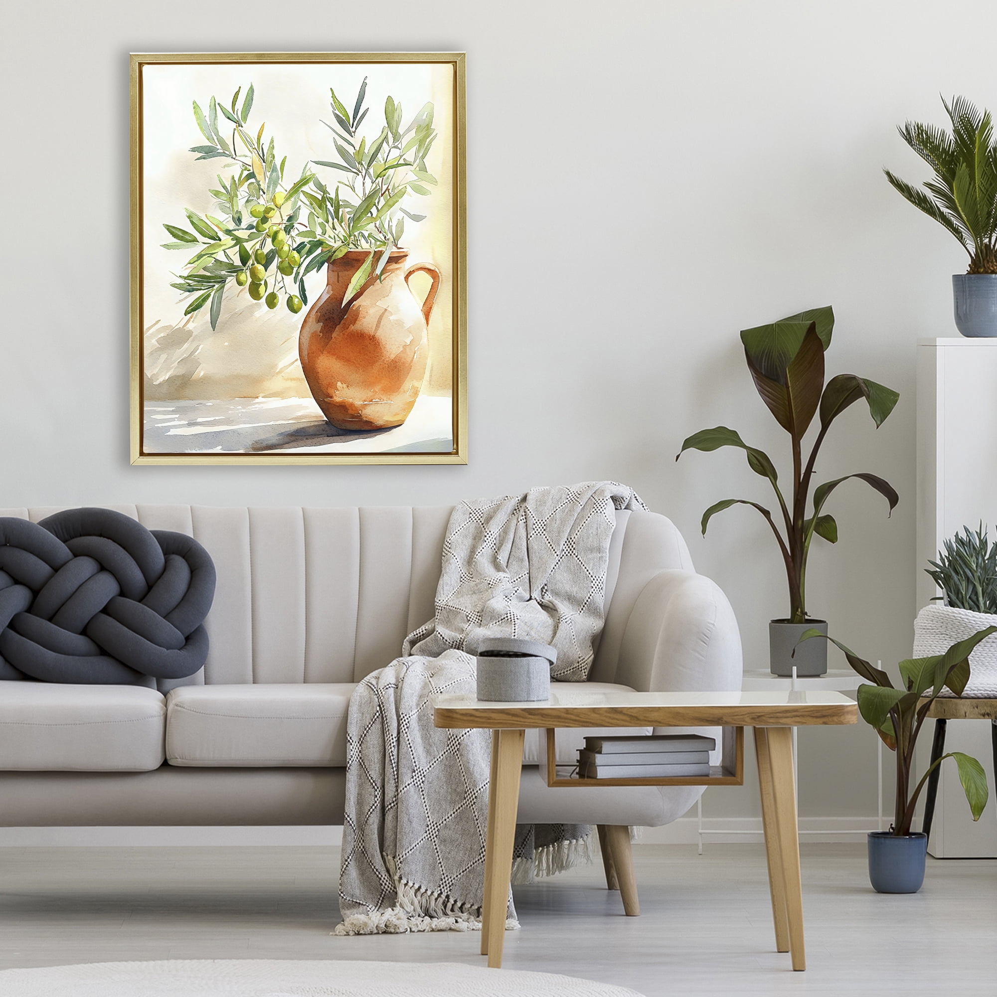 Stupell Industries Olive Branch in Terracotta Vase Gold Framed Floater Canvas Wall Art, design by LSR Design Studio