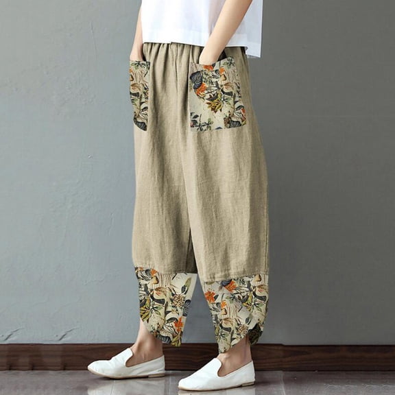 Jacenvly Women's Pants Wide Leg Pants Long High Waisted Pocket Print Trousers for Women Casual Cotton Linen Patchwork Irregular Loose Wide Leg Pants