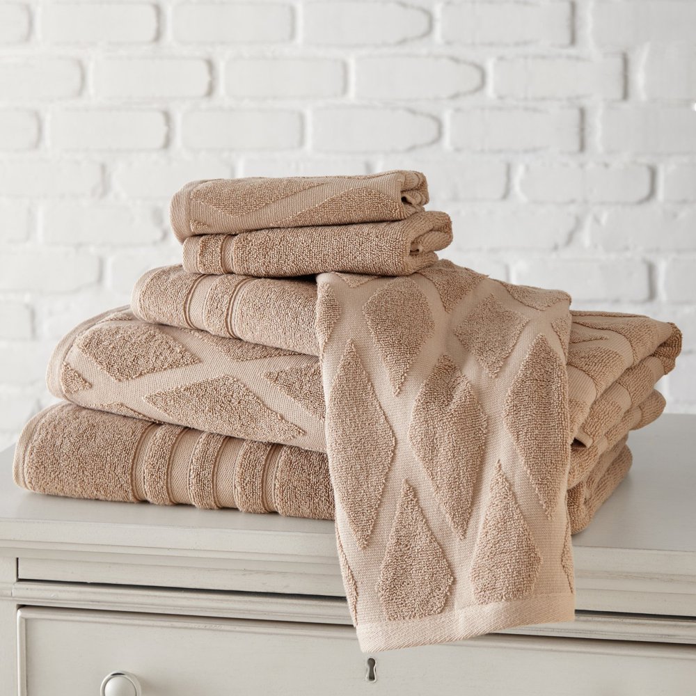 6 Piece 100 Cotton Towel Set, Diamond Jacquard, Taupe