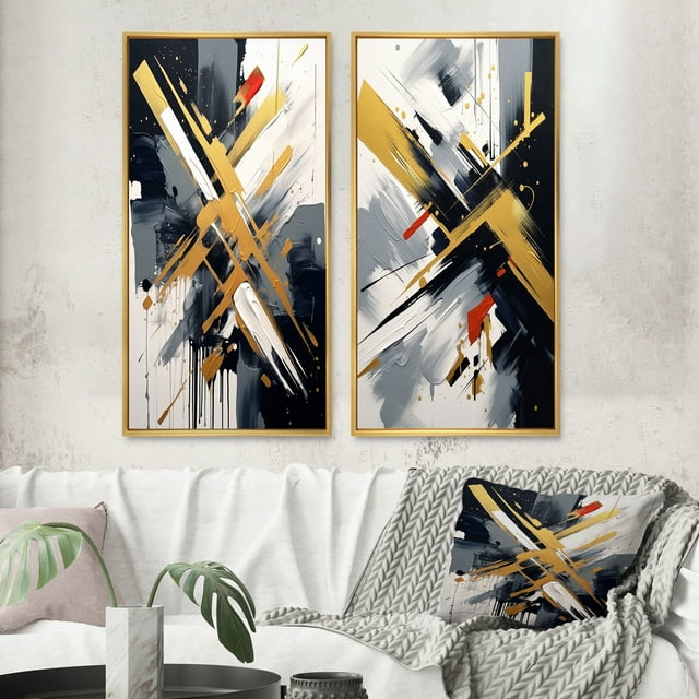 Designart "Abstract Angles in Gold and Black II" Cubism Framed Wall Art Set Of 2 - Gold Abstract Framed Wall Art Set Of 2