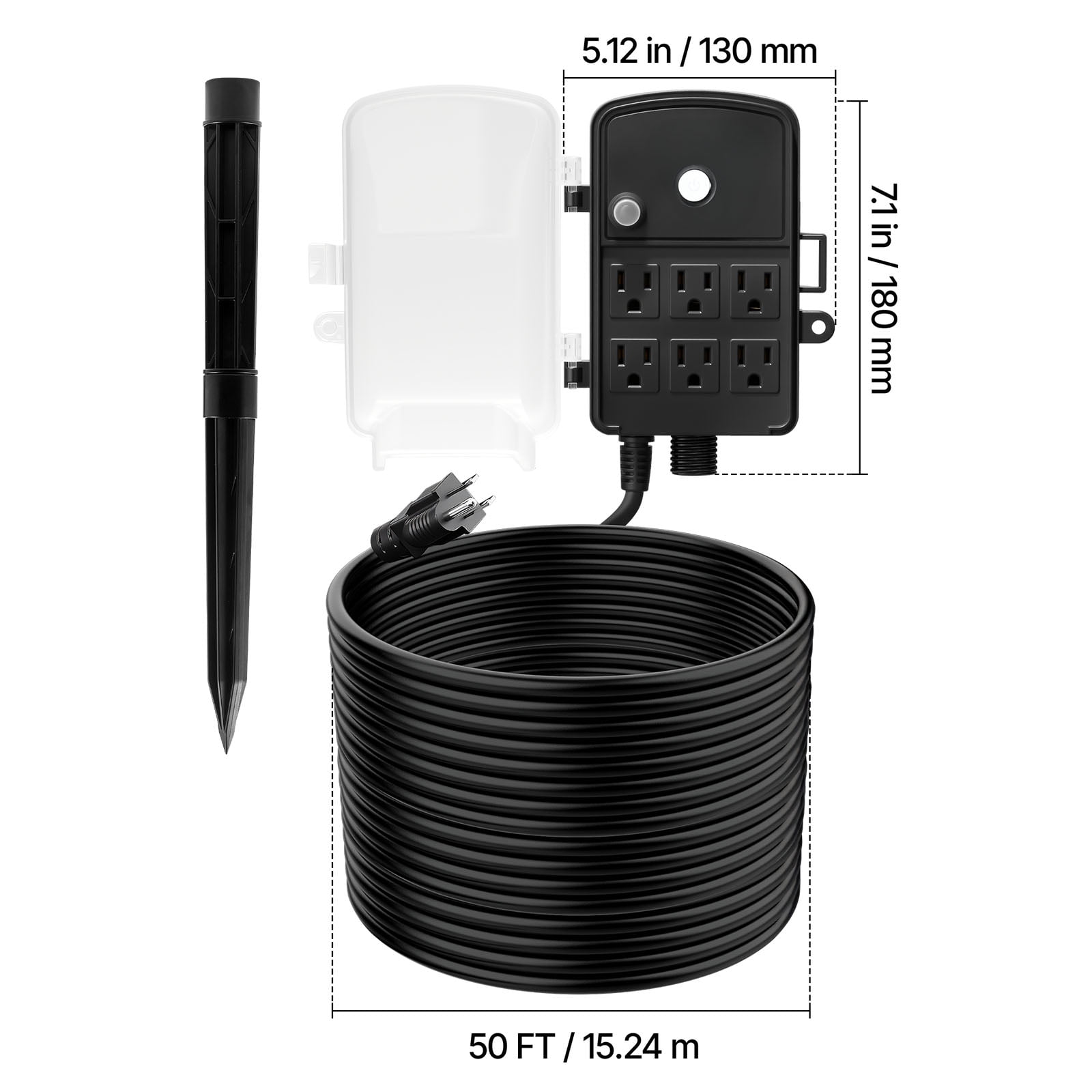 VEVOR Outdoor Power Stake, 50 FT Extension Cord, Outdoor Power Strip Weatherproof with Cover and Overload Protection, 6 Outlets, 15A/1875W, Waterproof Multi-Outlet Yard Stake for Christmas Lights
