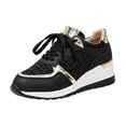 thumbnail image 3 of IEMIEMIEM Women's Sneakers Glitter Mesh Hidden Wedge Metallic Gold Trim Lace Up Platform Height Increasing Fashion Walking Shoes Black 7 Wide, 3 of 8