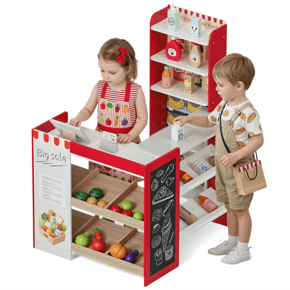 TLSUNNY Kids Pretend Play Grocery Store Playset, Wooden Supermarket Toy Set, Toddler Market Checkout Stand w/ Chalkboard, Cash Register, Shelves, Play Food Accessories