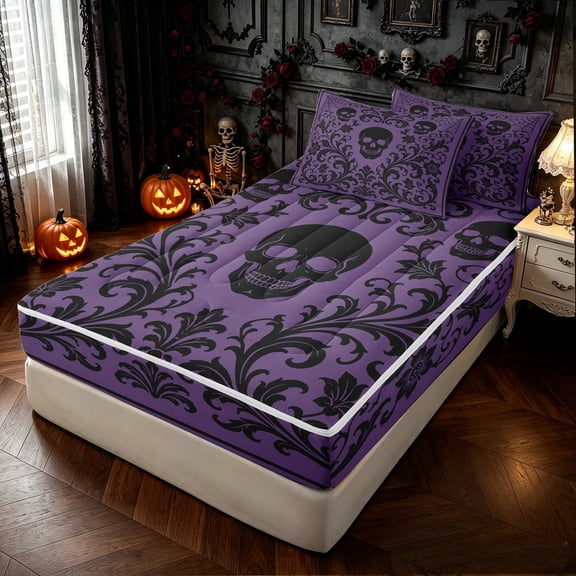 Feelyou Vintage Boho Skull Zipper Twin Comforter Sets with Fitted Sheet and 2 Pillowcases, Mandala Damask Flower Zipper Bedding Set, Purple Black, Black Reversible, 4 Pieces