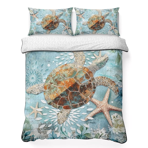 King Quilt Set 96''x106'', Sea Turtle Coastal Lightweight Bedspread Coverlet Set with 2 Pillow Shams, Teal Nautical Starfish Botanical Breathable All Season Quilt Bedding for Bedroom/Guest Room