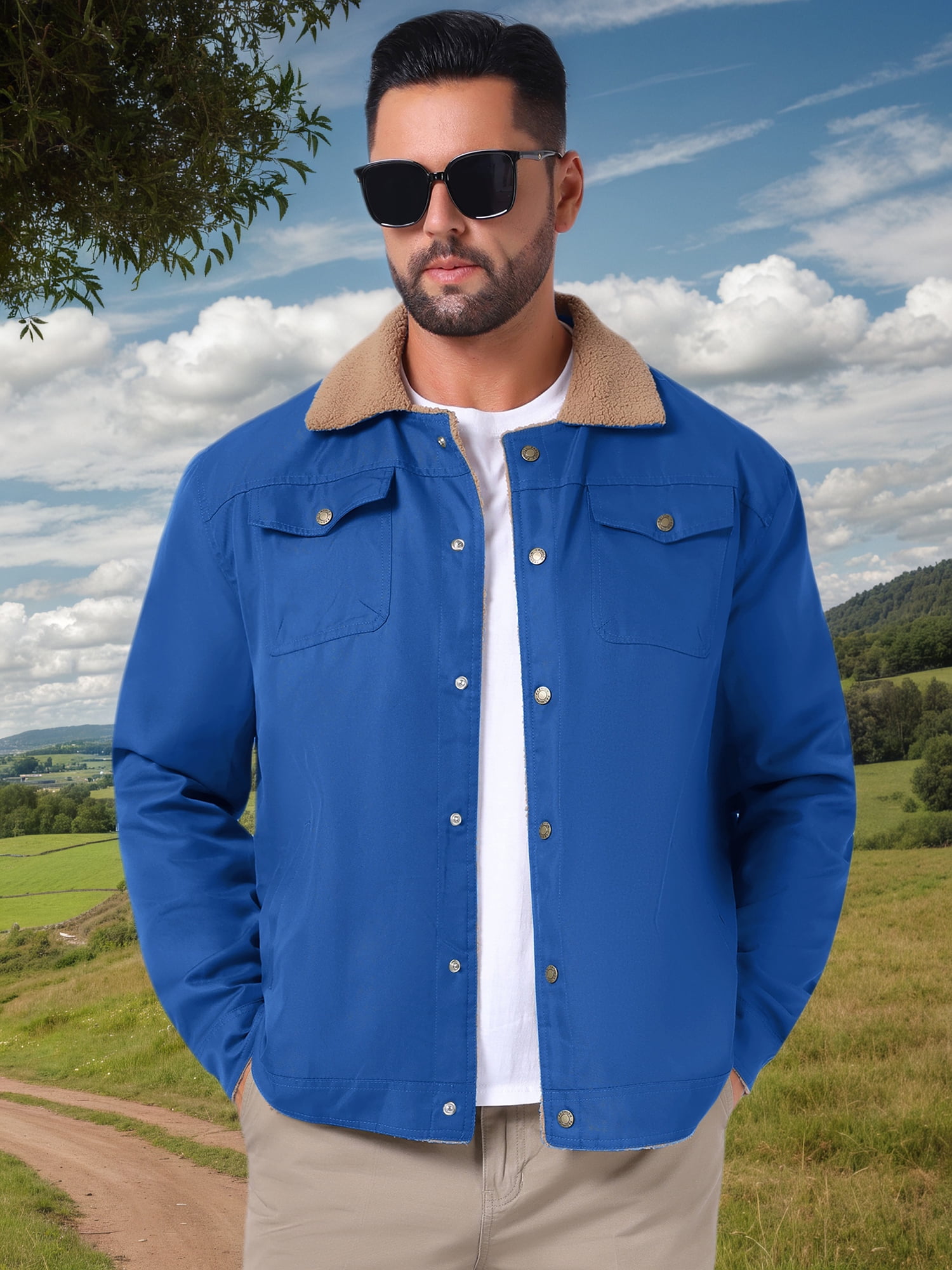 DARING DIVA Collared Button Front Fleece Lining Cargo Trucker Jacket M Blue