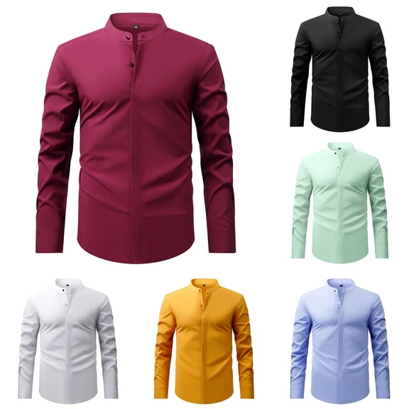 LIIPEE Solid Color Dress Shirt For Men Long Sleeve Band Collar Button Up Shirts Male Comfortable Formal Business Tops,S