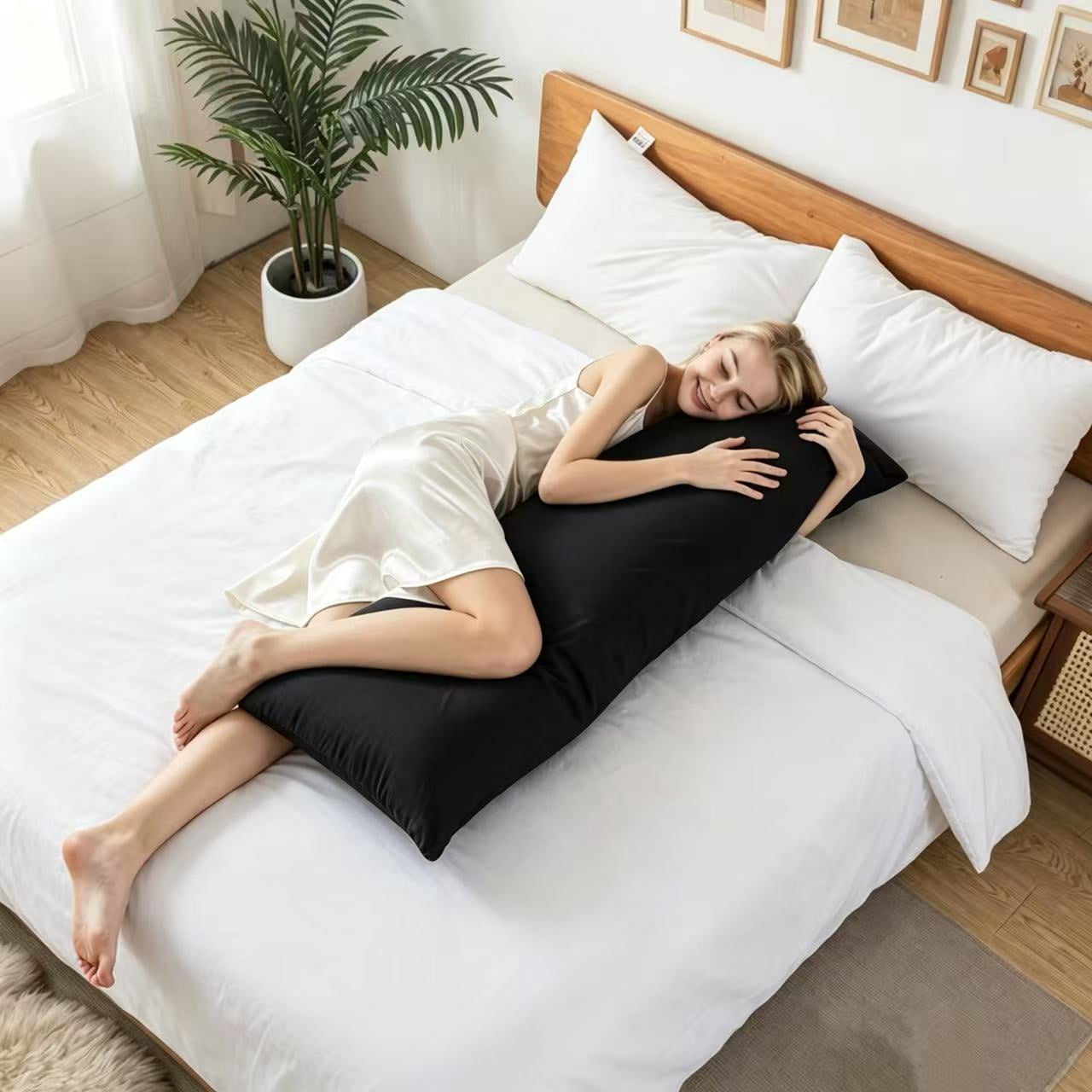 BedTreat Full Body Pillow Insert with Pillowcase for Adults,Long&Fluffy Pillow for Side Sleeper,Soft&Breathable (20X54,Black)