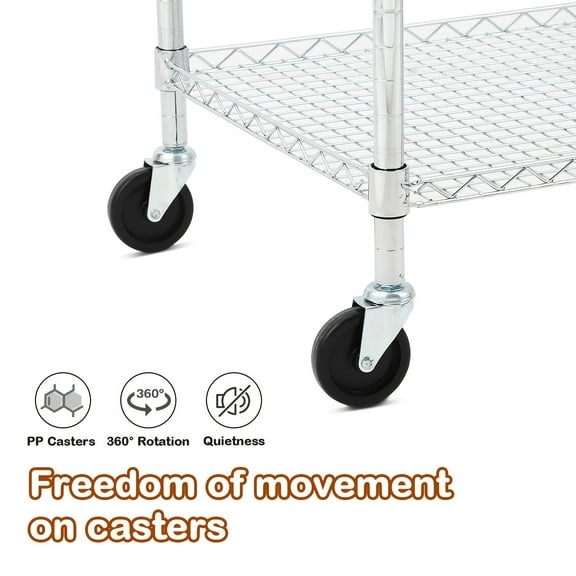 Heavy Duty Commercial Utility Cart - 3-Wheel Steel Service Cart with Swivel Casters - Low Handle Industrial Trolley for Restaurant, Kitchen & Warehouse - Easy-Clean Durable Workhorse