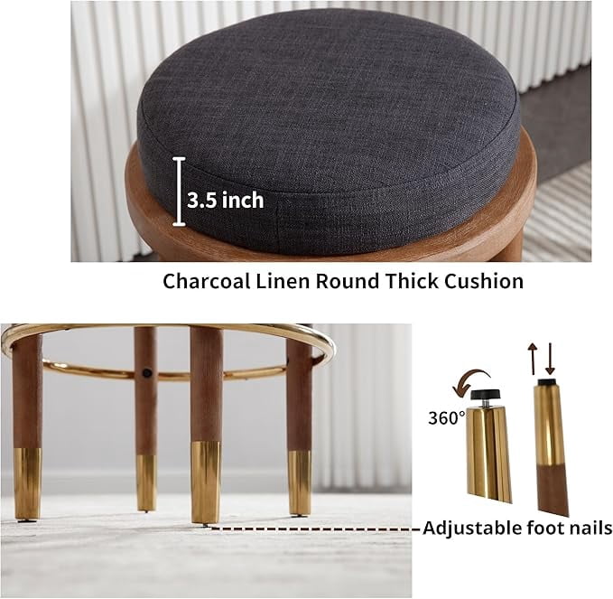 Guyou 26" Backless Counter Height Bar Stool Set of 2, Modern Round Linen Upholstered Stools, Farmhouse Wooden Kitchen Island Chairs for Restaurant Kitchen Bistro, Charcoal