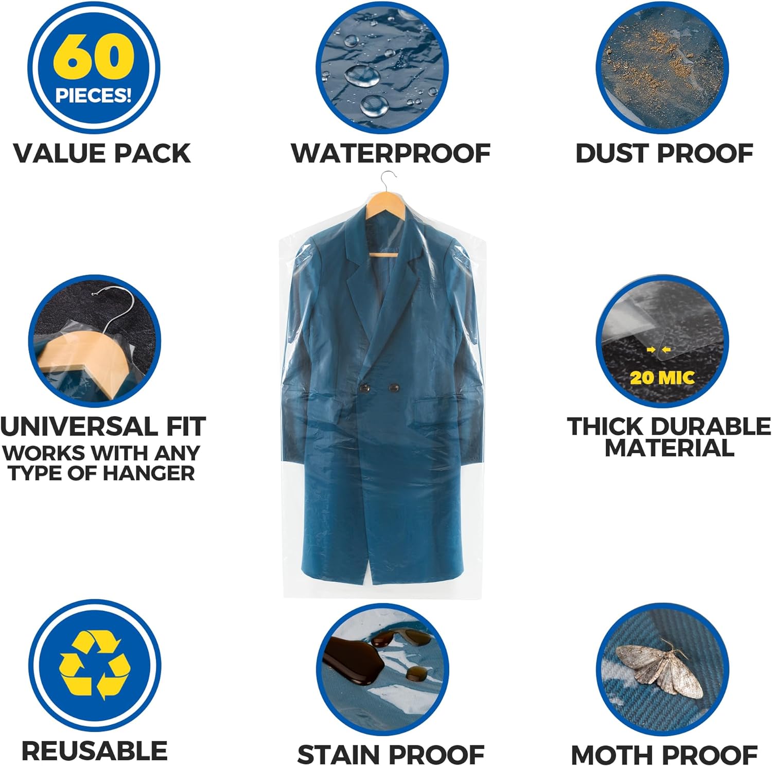 60-Pack Dry Cleaning Bags for Clothes 40-Inch Long - Clear Plastic Garment Bags for Hanging Clothes, Dry Cleaner Plastic Clothing Cover for Suits, Coat, Shirt, & Pants