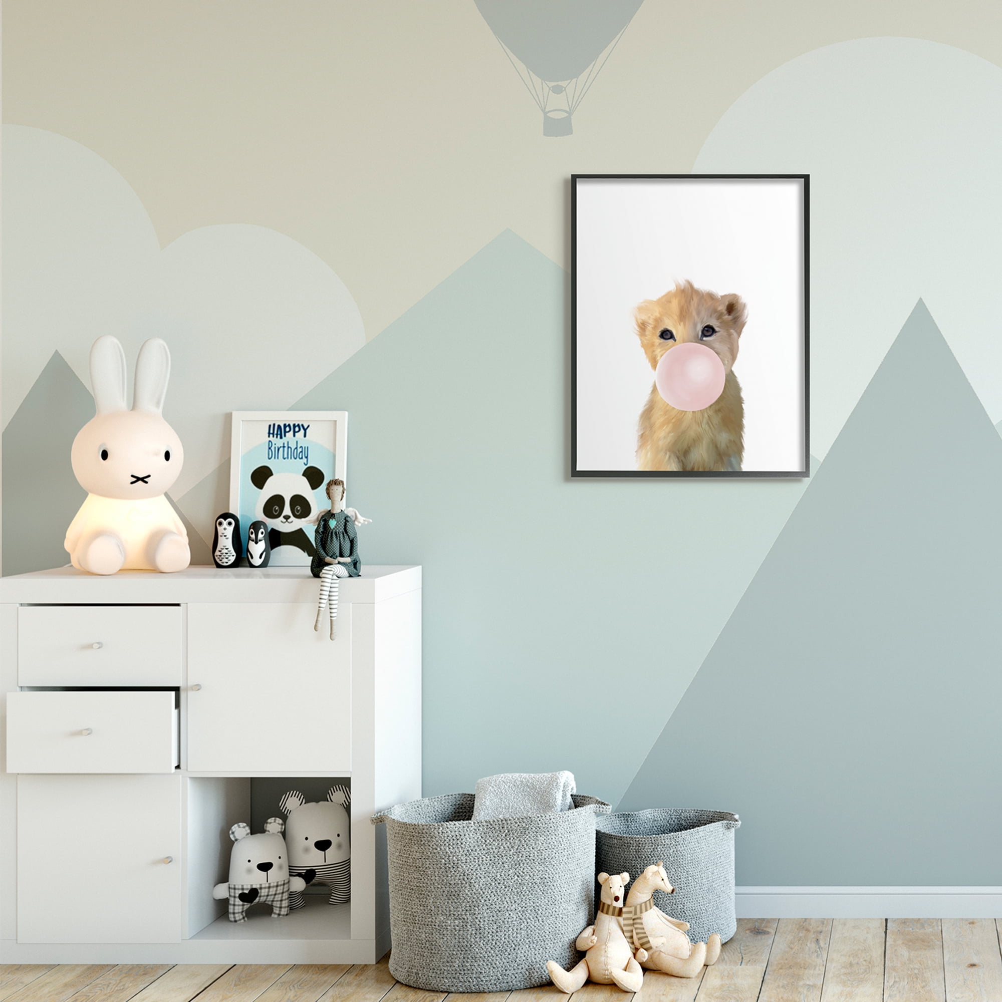Stupell Industries Baby Lion with Pink Bubble Gum Jungle Animal Black Framed, 24 x 30, Design by Leah Straatsma