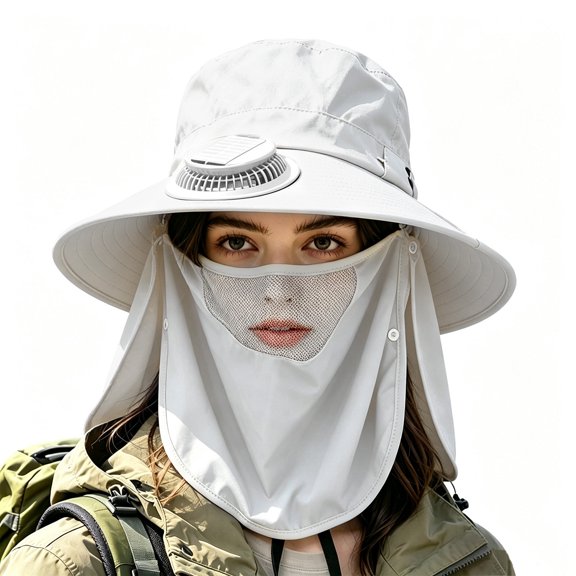 Solar Fan Wide Brim Sun Hat with Detachable Face Neck Flap, Solar Powered Ventilated Outdoor UV Protection Bucket Hat for Gardening Fishing Hiking Farming