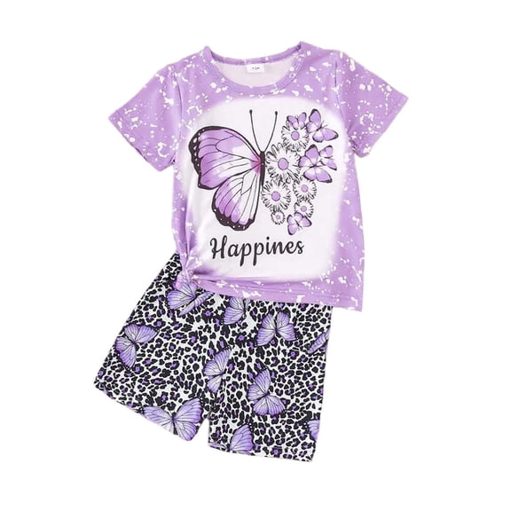 Girls Summer Outfits Smile Print Butterfly Short Sleeved T Shirt Leopard Print Shorts 2 Piece Set Kids Clothes Purple 7 Y-8 Y