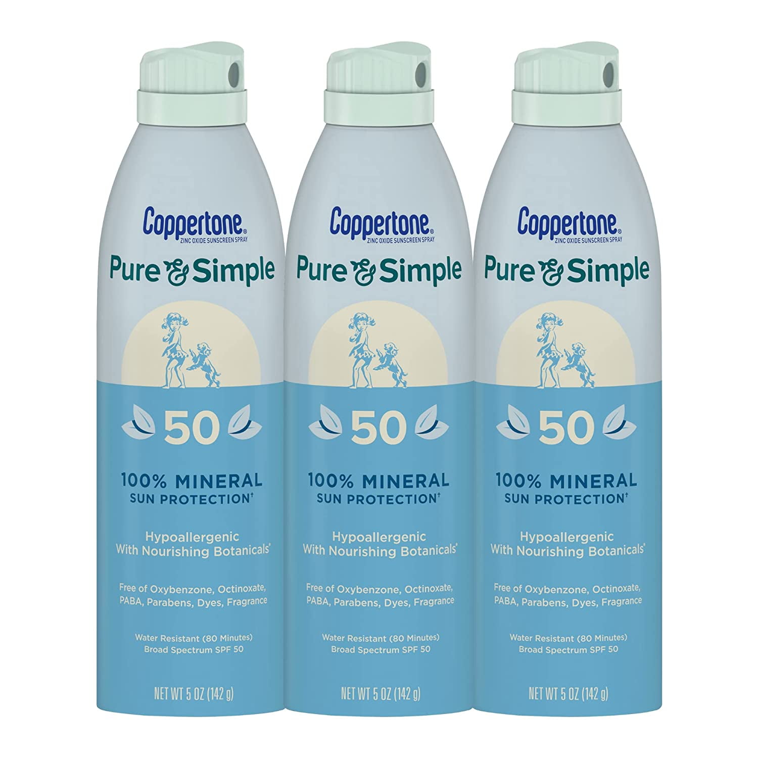 Coppertone Pure and Simple Zinc Oxide Mineral Sunscreen Spray SPF 50, Water Resistant, Broad Spectrum SPF 50 Sunscreen, Bulk Sunscreen Pack, 5 Oz Spray, Pack of 3