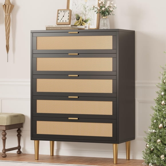 AKDSteel 44" Tall Rattan 5 Drawer Dresser – Narrow Farmhouse Wooden Chest with Metal Legs and Handles, Modern Vertical Storage Cabinet for Bedroom or Living Room