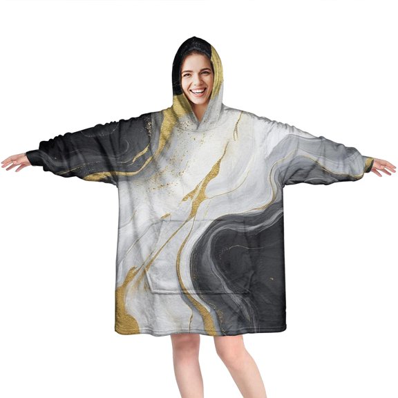 Black White Gold Marble Pattern Wearable Oversized Blanket,Wearable Blanket Hoodie for Adults,Cozy Hooded Blankets with Super Pockets,Super Warm Fuzzy Pullover for Women & Men