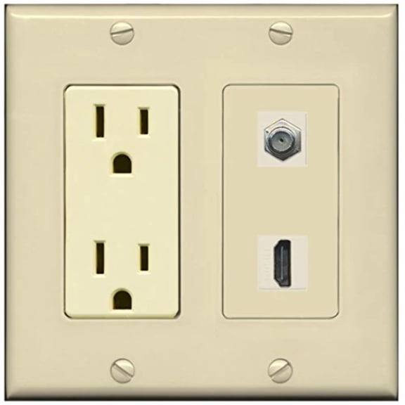 RiteAV - 15 Amp Power Outlet and 1 Port HDMI Coax Cable TV- F-Type Decorative Wall Plate - Ivory