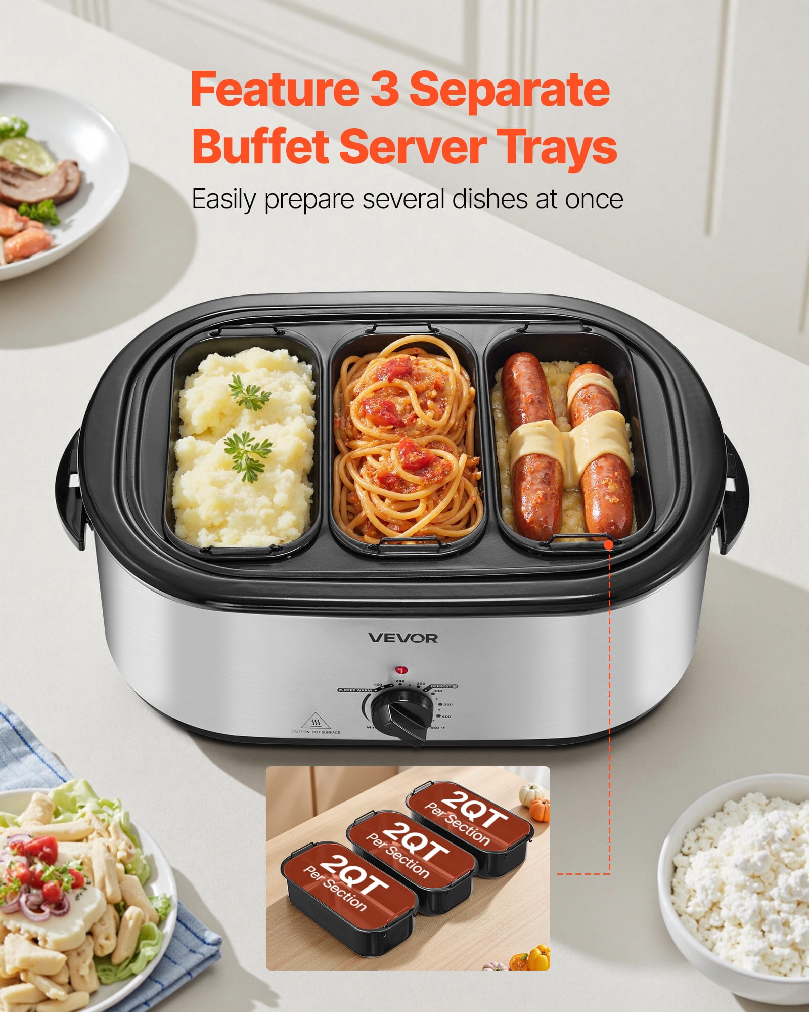 VEVOR Roaster Oven, 24QT Electric Turkey Roaster Oven, 150-450℉ Adjustable Temperature Electric Roasting Pan with 3 Bin Buffet Server, Self-Basting Lid, Defrost & Warm Function, Self-Basting Lid