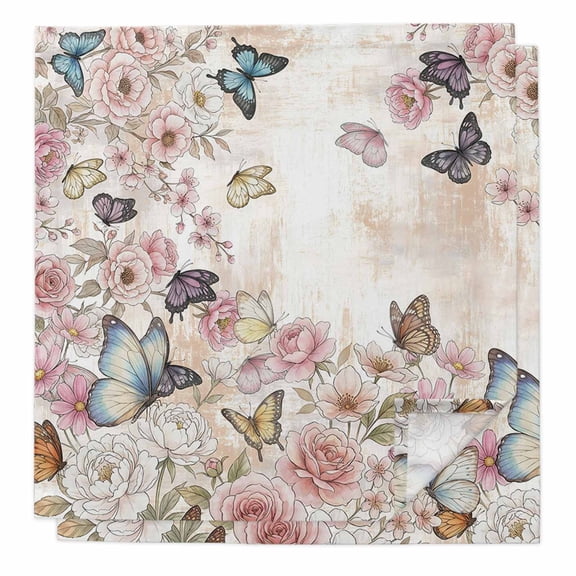 Vintage Pink Flowers Cloth Napkins, Spring Floral Butterfly Retro Art Washable and Reusable Dinner Napkins Set of 2, Table Napkin for Kitchen Party Birthday Wedding Hotel Housewarming 20"x20"