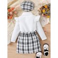 thumbnail image 3 of KelaJuan Kid Girl Fall 3Pcs Outfit Ruffled Long Sleeve High Neck Tops Plaid Skirt Beret Set Elegant Clothes, 3 of 6