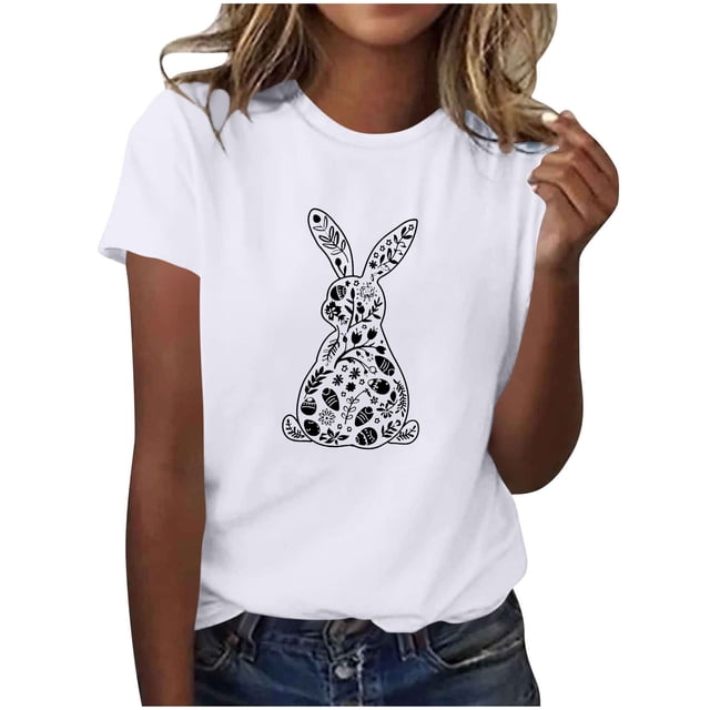 Tauxra Hauts d'Été à Manches Courtes pour Femmes, T-Shirts à Col Rond pour Femmes, Blouse T-Shirt Décontractée à Imprimé de Pâques