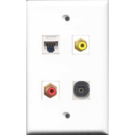 RiteAV 1 Port RCA Red and 1 Port RCA Yellow and 1 Port Toslink and 1 Port Cat5e Ethernet White Wall Plate