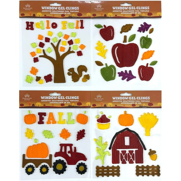 Serafina Home Fall Gel Window Clings: Welcoming Colorful Autumn Tree with Harvest Apples Pumpkins Wheat Corn Red Barn and Tractor (Fall Harvest)