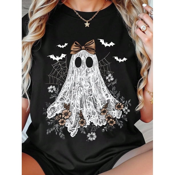 Summer Casual Halloween Ghost Printed Short Sleeved T-Shirt, Halloween T-Shirt, Women's Plus Size T-Shirt