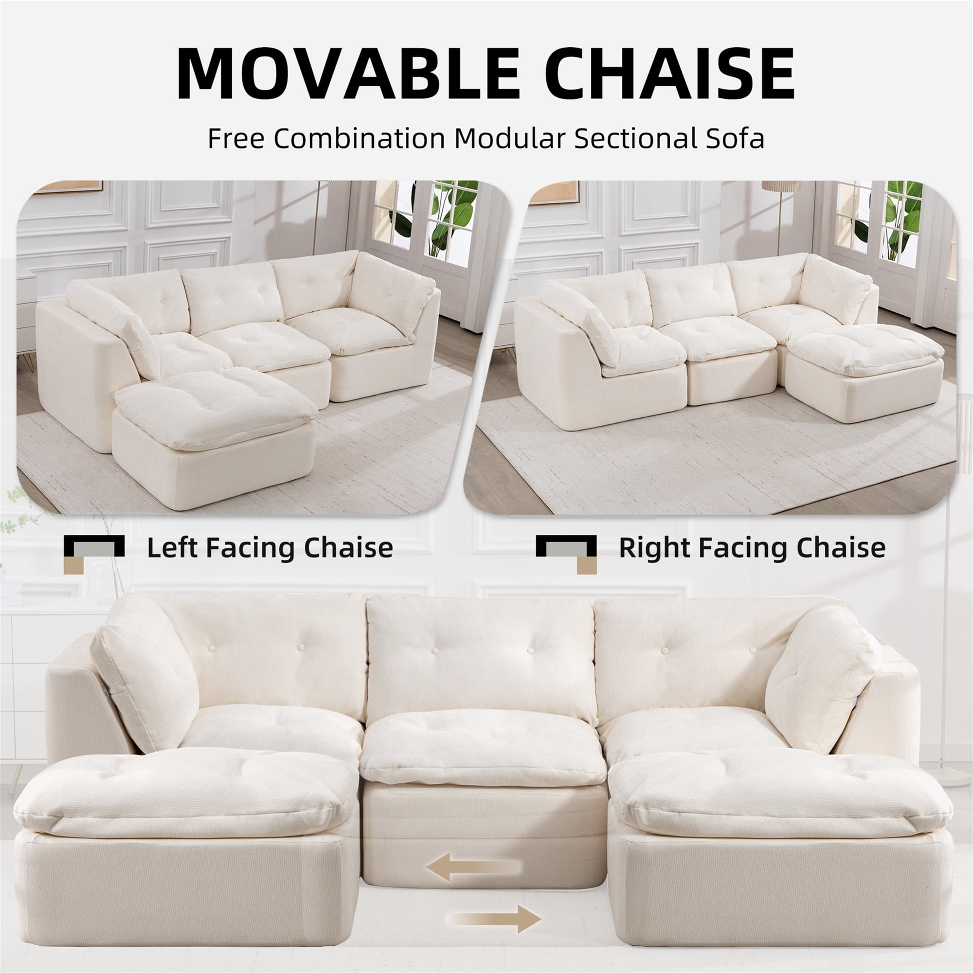 Aukfa 112" Cloud Sectional Sofa Oversized Modular Boneless Couch Reversible L-Shaped Couch for Living Room, Chenille, Beige