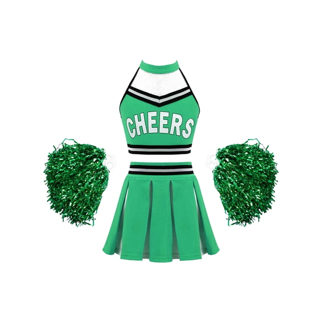 Xnihocha Girls Classic Cheerleading Team Uniform Mesh Splice Crop Top with Pleated Boxer Skirts Rooter Stage Suit Green 16