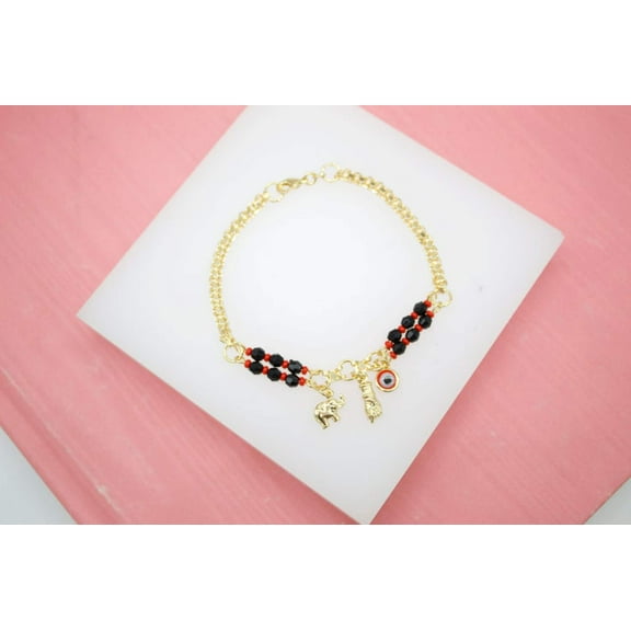 18K Gold Filled Azabache Chain Bracelet With Elephant, Evil Eye, Protection Charm (I88)