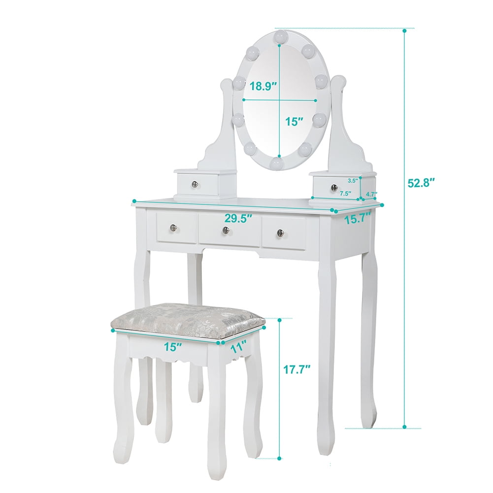 Resenkos Vanity Set Dressing Table with Mirror, 10 Light Bulbs, Stool 5 Drawers, 29.5 x 15.7 x 52.8 inches, White