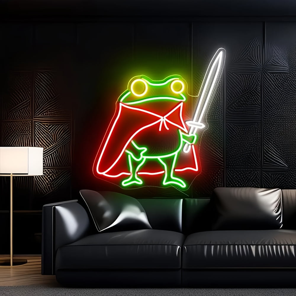 USB-powered Frog Prince neon sign with sword & cape. Vibrant green glow, durable plastic, easy mount. Perfect for kids' room or play area decor.