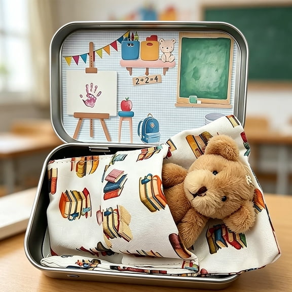 Pocket Bear in Tin Box, Mini Plush Toy Keepsake with School-Themed Illustration, Comfortable Gift for First Day of School Students