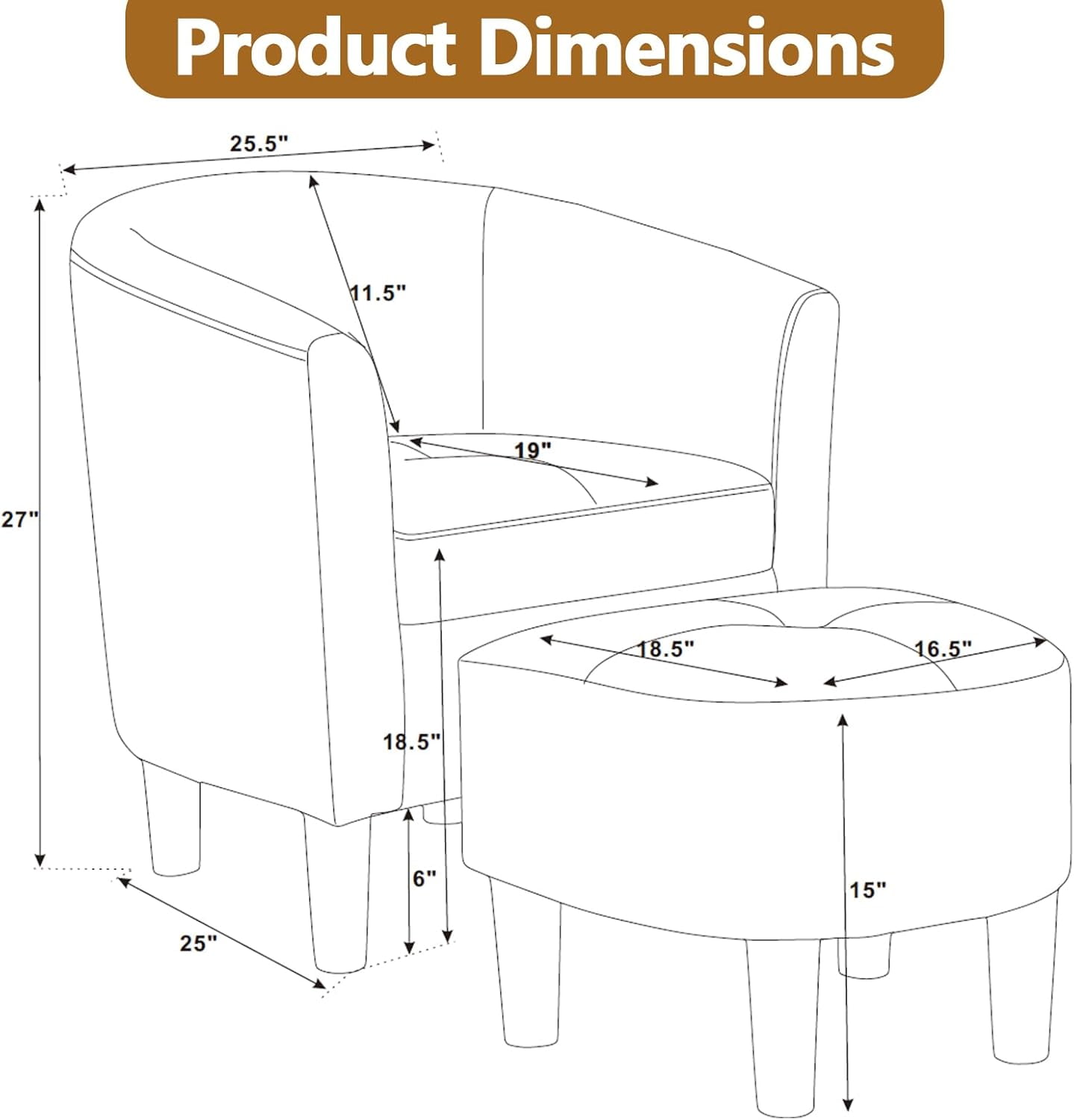 AENKYO Mid-Century Modern Accent Chair with Ottoman - Barrel Armchair & Footrest Set, Comfy Ergonomic Design for Living Room, Bedroom, Home Office - Grey
