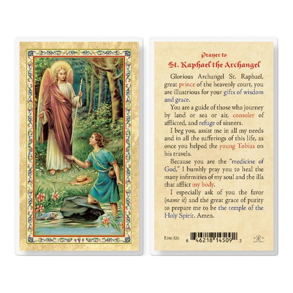 Prayer to St. Raphael Gold-Stamped Laminated Catholic Prayer Holy Card with Prayer on Back, Pack of 25