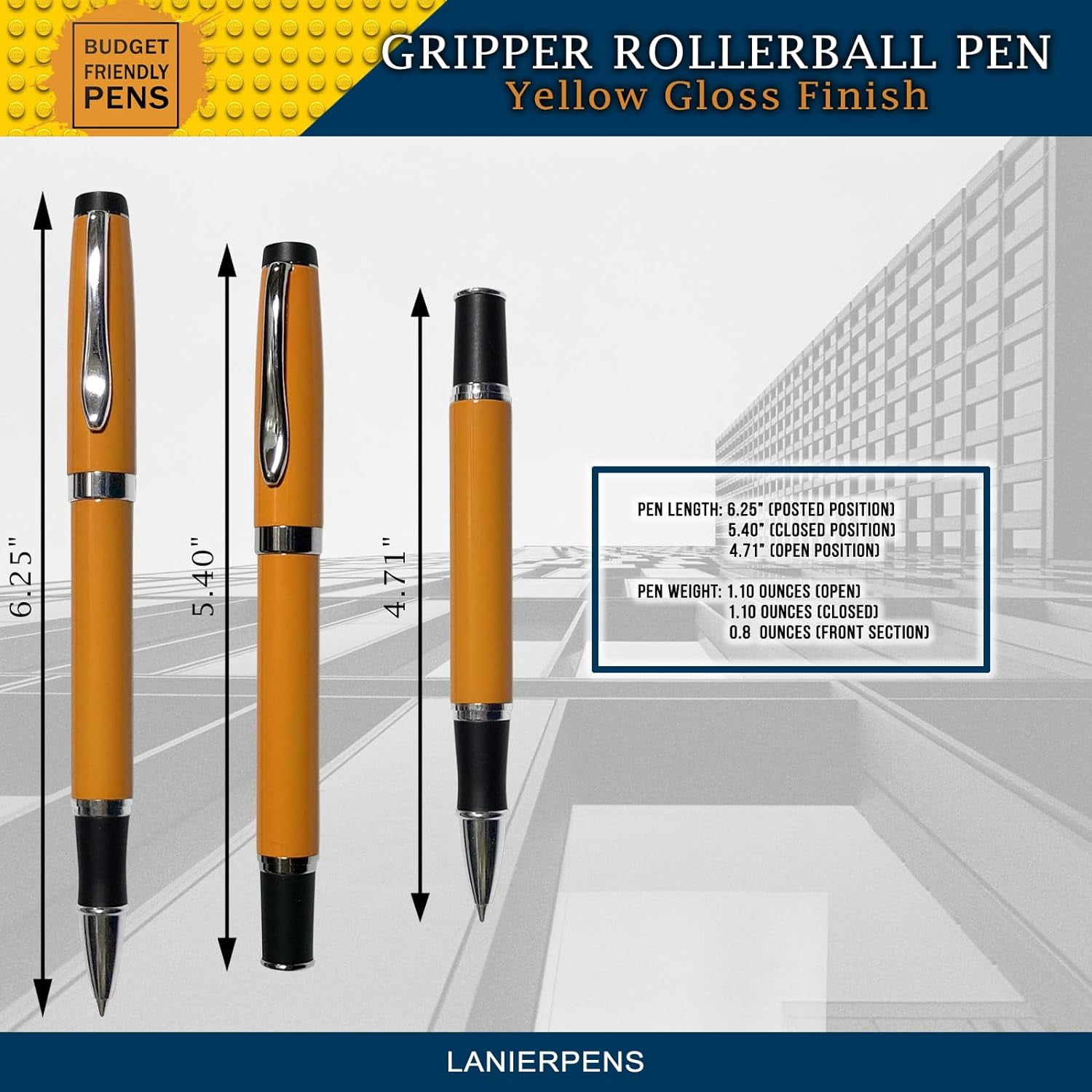 Gripper Rollerball Pen - Yellow Gloss with Anti Slip Grip (Budget Friendly Pen)