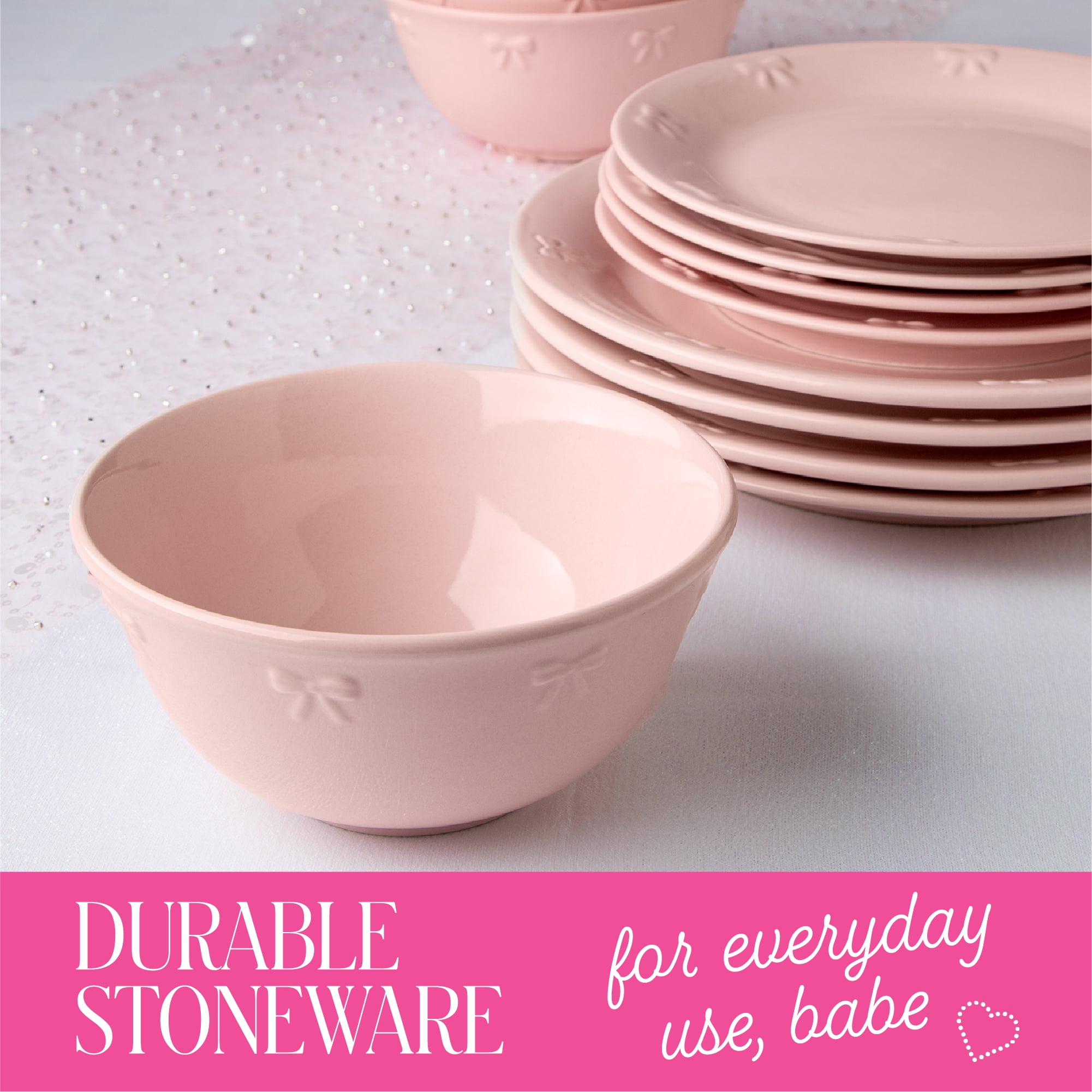 Paris Hilton London Collection 12-Piece Stoneware Dinnerware Set, Plates & Bowls Dish Set, Service for 4, Microwave & Dishwasher Safe, Blush Pink with Bow Design