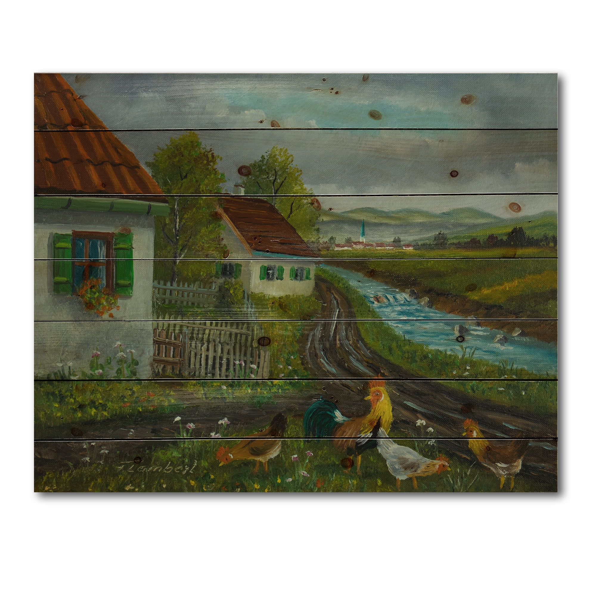 Designart 'A Cock and Three Chickens In A Meadow With Flowers' Farmhouse Print on Natural Pine Wood