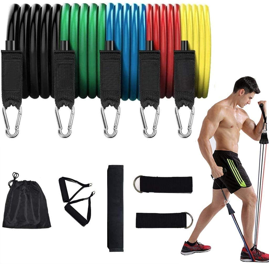 Door Anchor 11PC Exercise Resistance Bands Set for Men Women 5 Stackable Fitness Tubes Bands Up to 150 lbs with Handles Ankle Straps and Carry Bag