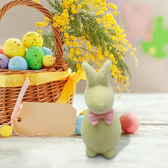 TOPRenddon With Flocked Bunny Statue Glitter Easter Bunny Tabletop Decorations Flocked Foam Bunny Statue Easter Indoor Decorations Tall 5.9in