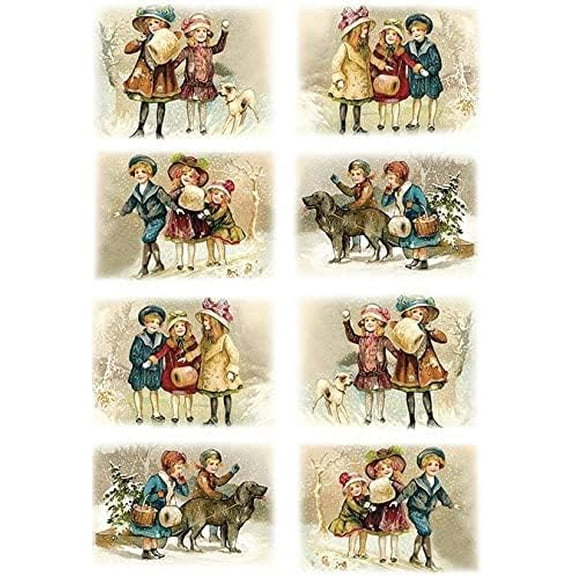 European Excellency, Premium European Printed Decoupage Paper for Crafts, Rice Paper for Decoupage, Scrapbooking Paper, Christmas Holiday Arts and Crafts Supplies, A4 (Vintage Winter Kids - 2 Sheets)