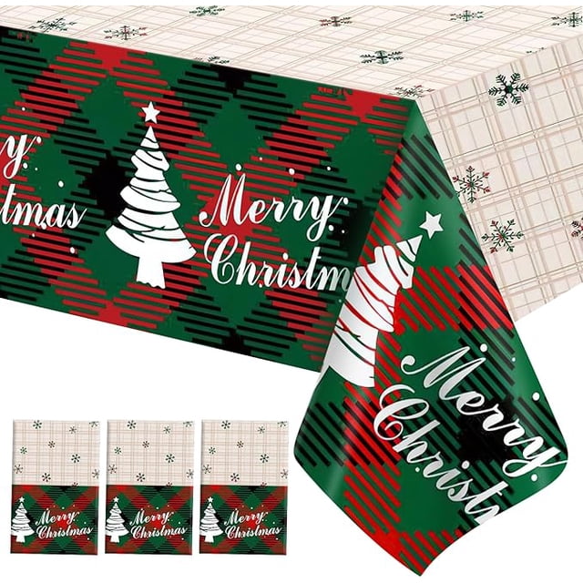 Mantel de Navidad, 3 piezas de mantel de Navidad desechable para mesa rectangular, 54 x 108 pulgadas, plástico, copo de nieve, árbol de Navidad, mantel decorativo, cubierta de mesa para fiestas de