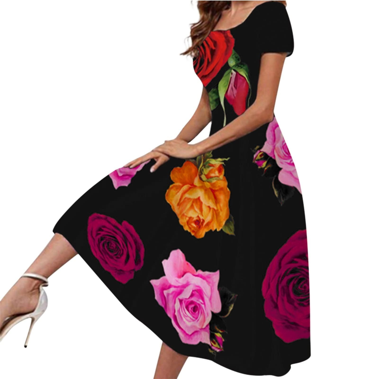 New Black Multi Color Rose Floral holiday Dress