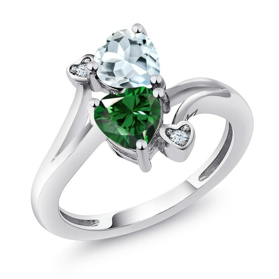 Gem Stone King 925 Sterling Silver Sky Blue Aquamarine Green Nano Emerald Ring for Women (1.38 Cttw, Heart Shape 6MM, Gemstone March Birthstone, Size 6)
