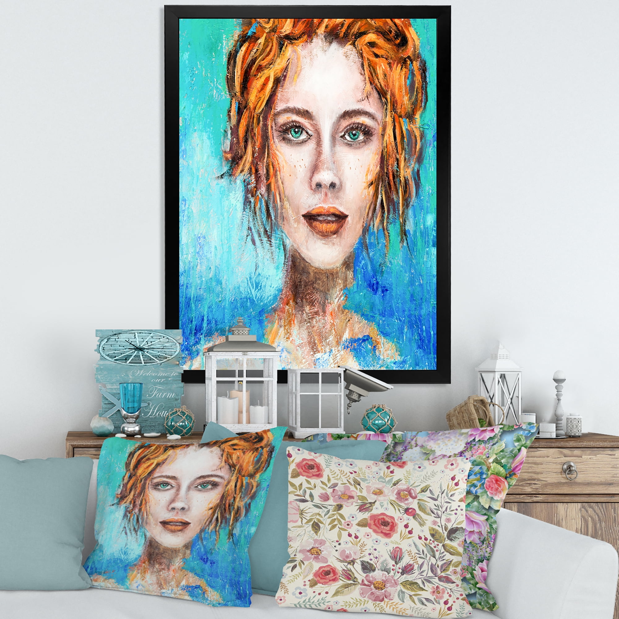 Designart 'A Woman Face With Red Hair And Green Eyes' Modern Framed Art Print