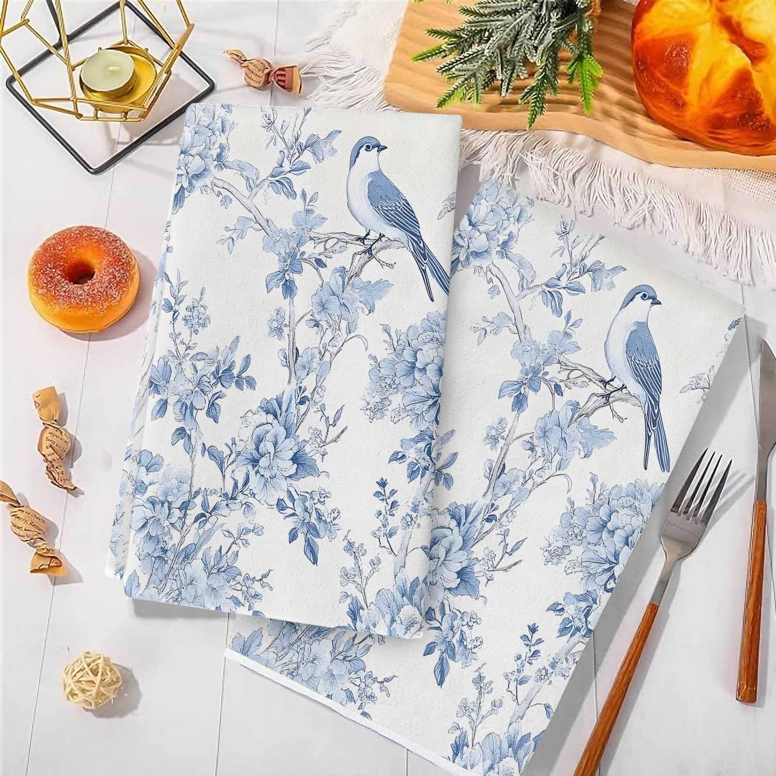 Blue White Flowers Kitchen Towels Set of 2, Spring Summer Floral Botanical Soft Microfiber Dish Towels, Absorbent Quick-Dry Washable Dishcloths for Kitchen Cleaning, Drying Dishes, 18x28 Inches
