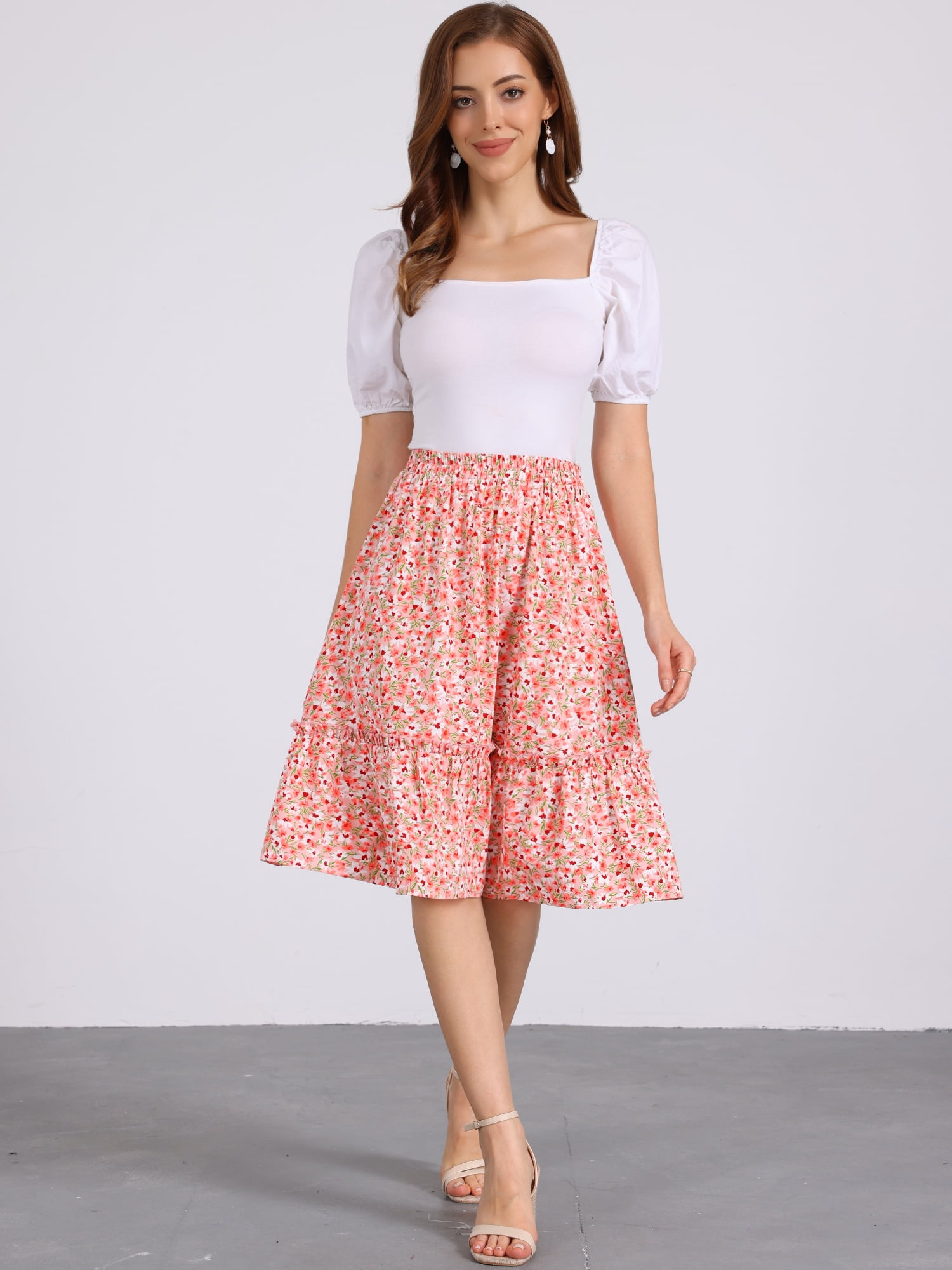 DARING DIVA Women's Knee Length Floral Elastic Waist Tiered Ruffle Skirt L Light Pink