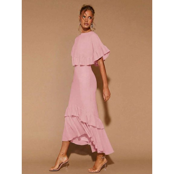 Pink Womens Tiered Ruffle Hem Midi Dress With Flared Short Sleeves, Round Neck, Elegant For Evening Or Cocktail